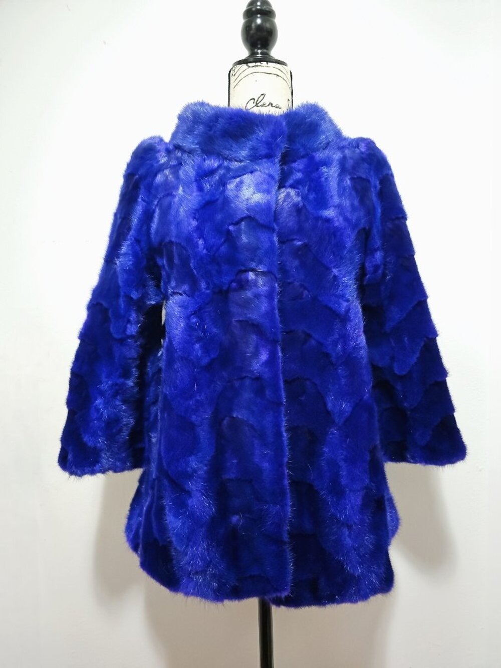 NewReal Mink Fur Coat Mosaic Pieced Cobalt Royal Sapphire Cornflower Blue Fox
